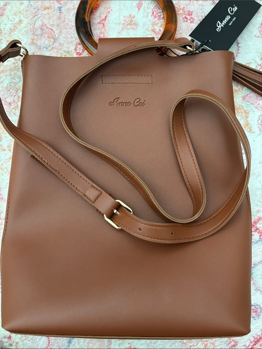 Anna Cai Chestnut Faux Leather Tote with Tortoiseshell Handles